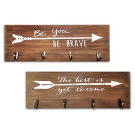 Spiretro Set of 2 Wall Mount Wood Plaque, Metal Key Hook Rack, Arrow Sign and Inspirational Words, Coat Hat Bag Hang Organizer, Leash Holder, 16.5 inch for Entryway Kids Hallway, Rustic Teak Brown