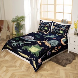 Manfei Kids Mushroom Duvet Cover Set Twin Size, Snail Gecko Frog Dragonfly Bedding Set 2pcs for Boys Teens Bedroom Decor, Botanical Comforter Cover Wildlife Theme Quilt Cover with 1 Pillowcase