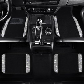 VarCozy Shining Rhinestones Floor Mat for Cars, Sparkly Glitter Crystal Car Floor Mats with Anti-Slip Heel Pad for Women, 4pcs Bling Diamond Universal Automotive Floor Mat for SUV,Sedan,Car,Van,Silver