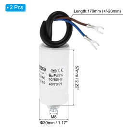 PATIKIL 6uf CBB60 Run Capacitor,2Pcs AC 450V U Terminal Wires 50/60Hz Cylinder Bottom with M8 Screw for Washing Machine, Cleaning Machine Pump Motor Star