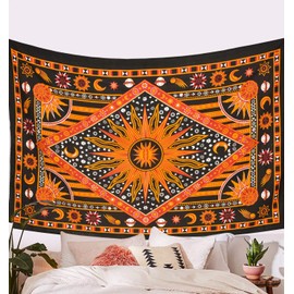 ANJANIYA Burning Sun Tie Dye Tapestry, Celestial Sun Moon Star Planet Bohemian Twin Tapestry Tarot Card Wall Hanging Boho Tapestry Hippie Hippy Tapestry Beach Coverlet Curtain (Orange, 55"X85")