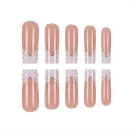 SINHOT Square Press on Nails Long - Gold Glitter Edge Fake Nails Glossy Glue on Nails 3D White Swirl Nails French Tip Squoval Artificial Nails Stick on False Nails with Design 24pcs