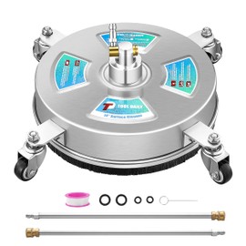 Tool Daily 14” Pressure Washer Surface Cleaner, Stainless Steel Driveway Power Washer Attachment with 4 Wheels, 2 Extension Wands, 4000 PSI