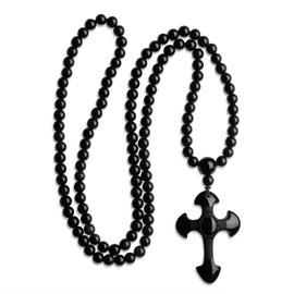 coai 108 Beads Black Obsidian Necklace Cross Necklace for Men Women