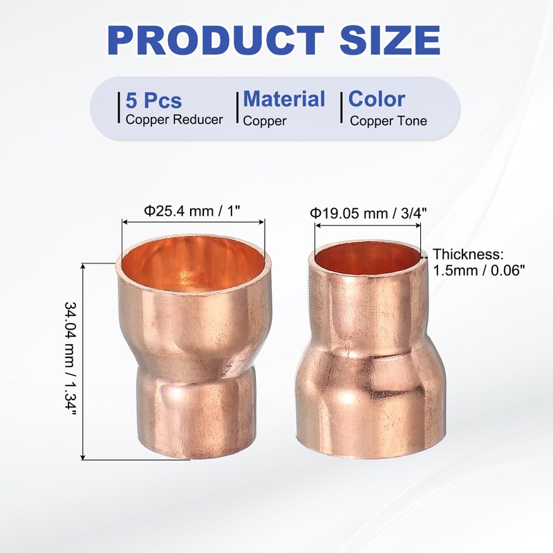 PATIKIL 5Pcs Copper Reducer 1" to 3/4" ID Reducing Copper