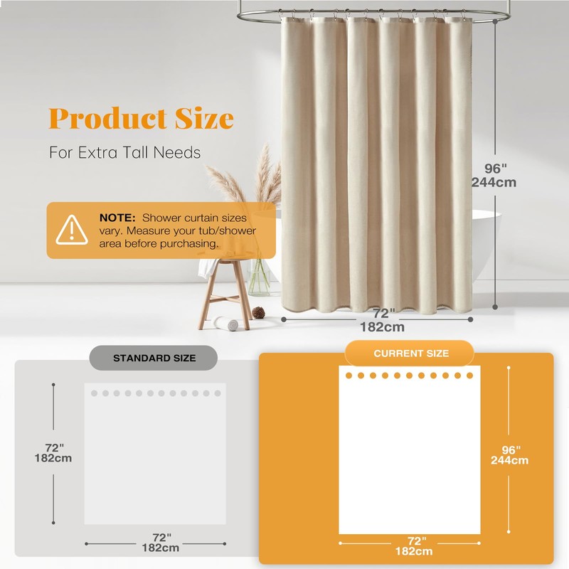 BTTN Extra Long Fabric Shower Curtain, 96 Inch Linen Textured
