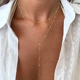 Cybche Boho Layered Pearl Y Lariat Necklace Gold Pearl Y Necklace Y Shaped Necklace Satellite Chain Y Drop Necklace Long Chain Necklace Jewellery for Women, Zinc, No Gemstone