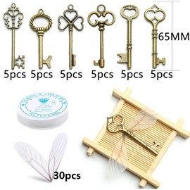 HERZWILD 60 Pcs Vintage Skeleton Keys Flying Keys Charms，Mixed 6 set Bronze Vintage Keys With Dragonfly Wings and Elastic Crystal String for DIY Wedding Party Decorations.