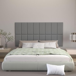 Greymond Peel and Stick Headboard Grey Upholstered Wall Panels, 6 Panels Sized 7.8" x 15.7", 3D Anti-Collision Soundproof Self-Adhesive Wall Panel for Bedroom