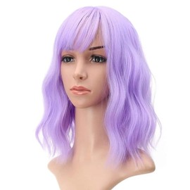 LANSHASH Lansha Short Purple Wigs With Air Bangs -12 Inches Curly Bob Style Synthetic Heat Resistant Bob Wigs for Girl-Shoulder Length Natural Looking Wavy Wigs For Women