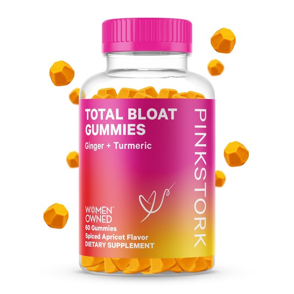 Pink Stork Bloat Gummies with Turmeric and Ginger for Digestion, Detox, Gas, Energy Support, and Immune Health, Aids in Bloating Relief for Women, 60 Tropical Turmeric Bloating Supplements