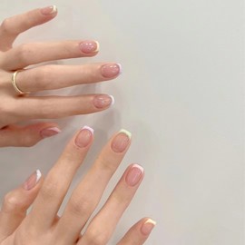 French False Nails Tip Press on Nails with Glue, Square Short Elegant Stick on Nails, Full Cover Coloured French Nude Acrylic Nails Fake Nails for Women and Girls Nail Art (24PCS)