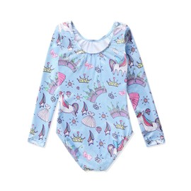 HOZIY Long Sleeve Leotards for Girls Gymnastics Castle Light Sky Blue Unicorn Dress Diamond Size 5-6 Years Old 5t Dance Sparkle Stars Crown