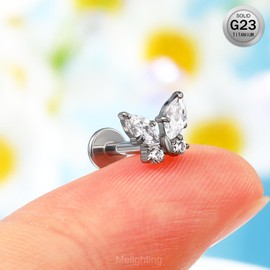 Melighting Titanium Butterfly Helix Earring 16G Cartilage Earring Internally Threaded Clear CZ Helix Stud Titanium G23 Flat Back Earring Labret Jewelry 8mm