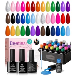beetles Gel Polish Juego de 20 esmaltes de uñas de gel de color rosa, amarillo, verde, rojo, azul, colección Blokecore con dijes de uñas deportivas, capa base y cepillo de doble punta para bricolaje