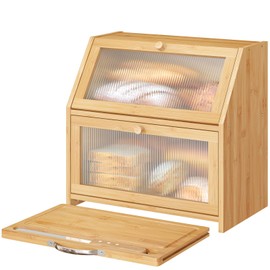 Vriccc Extra Large Bread Box with Cutting Board Bamboo Wood Bread Box for Kitchen Counter, Double Layer Large Capacity Bread Storage Bin with Acrylic Wavy Door Panel (Natural)