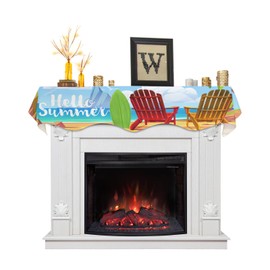 Victoroes Hello Summer Mantle Scarf 60 x 17 Inch, Tropical Beach Chair Coconut Tree Fireplace Mantel Scarf Mantel Cover Runner for Home Living Room Indoor Holiday Party Decor