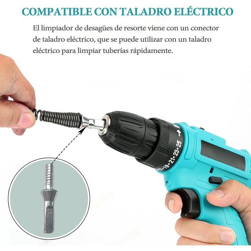 Destapador de Drenaje con Resorte y Adaptador de Taladro, 3