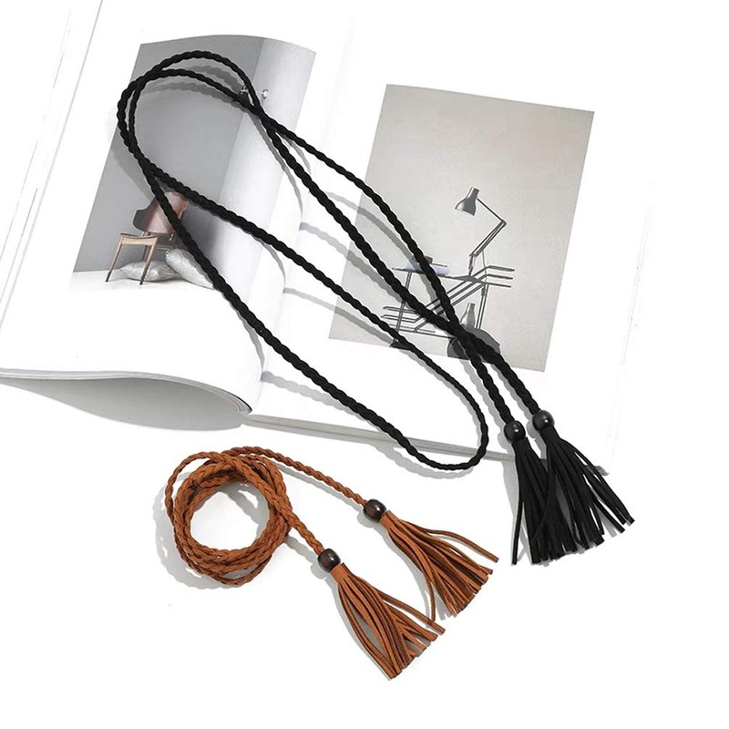 NUREINSS Women Tassel Braided Thin Waist Belt, black