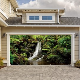 Leyiyi 6x13ft Jungle Forest Garage Door Decorations Evergreen Forest Jungle Rock Flowing Mountain Stream Rainforest Wall Door Banner Cover Outdoorsy Camping Theme Party Decorations Garage Door Cover