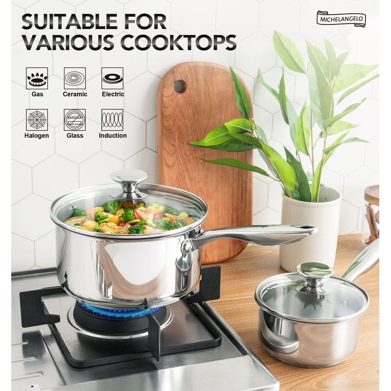 MICHELANGELO Stainless Steel Saucepan Set with Lids 1QT & 2QT