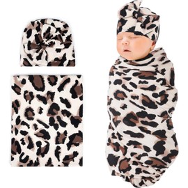 BQUBO Baby Swaddle Blanket Newborn Receiving Blanket with Hat Set Infant Leopard Print Nursery Blanket Shower Gift