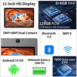 WXUNJA Android 14 Tablet 11 Inch Tablets, Octa Core Unisoc T606 Android Tablet, 12GB RAM + 128GB ROM, Widevine L1, 8000mAh Battery, WiFi/GPS Tablet PC - Black