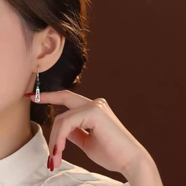 Vintage Black Agate Fishhook Dangle Drop Earring for Women S925 Sterling Silver Stylish Chinese Style Branch Texture Hollowed out Geometric Gemstone Dangling Earrings Unique Statement Jewelry Ladies