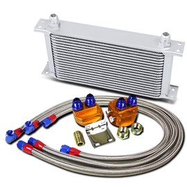 Auto Dynasty Universal Silver Aluminum 19-Row Engine Oil Cooler + Oil Filter Relocation Kit