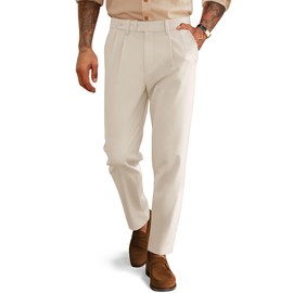 Pleated Trousers for Men Vintage Casual Dress Pants Men Tapered Pleated Comfort Extended Waist Slacks for Work Beige 2XL