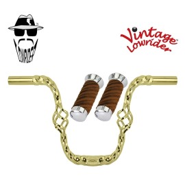 Vintage Lowirder Vtg Lowrider 9" Handlebar Cage Square Twisted 25.4mm Gold, Velour Swirl Grips
