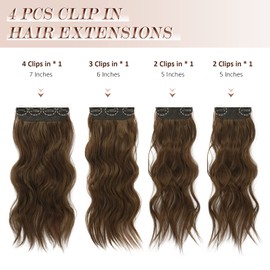 FESHFEN Clip-In Extensions, 4 Pieces, 50 cm Full Head Hair Extensions with Clips, Synthetic Wavy Hair Extensions, Chestnut Brown, Wavy Hair Extensions, Clip-In Hairpiece for Women, 180 g