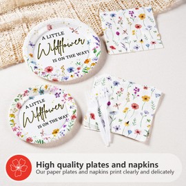 Grencian 96PCS Wildflower Baby Shower Decorations Little Wildflower Party Plates Disposable A Little Wildflower Is On The Way Baby Shower Tableware for Girl Baby Shower Spring Summer Party, Serves 24