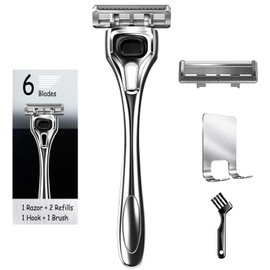 Men's Razor 6-Blade + TOP Trimmer, 1 Handle + 2 Refills + 1 Hook