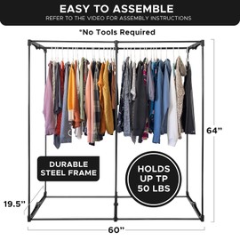 HOLDN’ STORAGE Portable Wardrobe Closet - 65 lb Large Capacity, Internal Heavy Duty Metal Rod, Zipper & Clear Window, Durable Clothes Organizer, Tool-Free Easy Assembly, White Canvas Cover