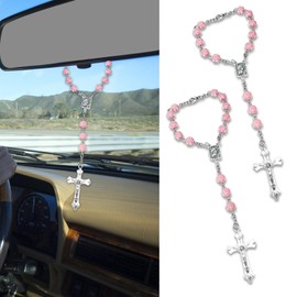 Lyxheth 2PCS Car Rosary for Rearview Mirrors, Car Mirror Hanging Accessory, Cross Medal Rearview Mirrors Hanging Ornament, Rosary Pendant Cars Rear View Mirror Charm for Women and Men (Rose)