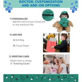 DolliBu Squirrel Monkey Doctor Plush Toy - Super Soft Squirrel Monkey Doctor Stuffed Animal Dress Up with Cute Scrub Uniform and Cap Outfit with Personalization - 12.5 Inch