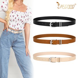 JASGOOD 3 Pack Women Belts For Jeans Dresses Pants Ladies Faux Leather Waist Belt with Silver Buckle(Black+Brown+Beige Silver Buckle)