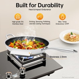13 Inch Stainless Steel Frying Pan, Non Stick Double Sided Honeycomb Cooking Wok, Large Capacity Skillet with Handle and Wok Cover for Gas Stoves, Gas Stoves, Induction Cookers