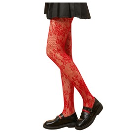 SHENHE Women's Patterned Fishnet Tights High Waist Pantyhose Floral Stockings Flower Red one-size