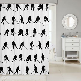 Feelyou Ice Hockey Print Fabric Shower Curtain for Kids Boys Girls Hockey Player Bathroom Waterproof Accessories with 12 Hooks Black White Shower Curtain Bedroom Decor Ball Game Curtains