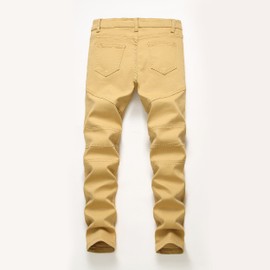 Boy's Khaki Stylish Moto Biker Skinny Ripped Wrinkled Stretch Fit Denim Jeans 8