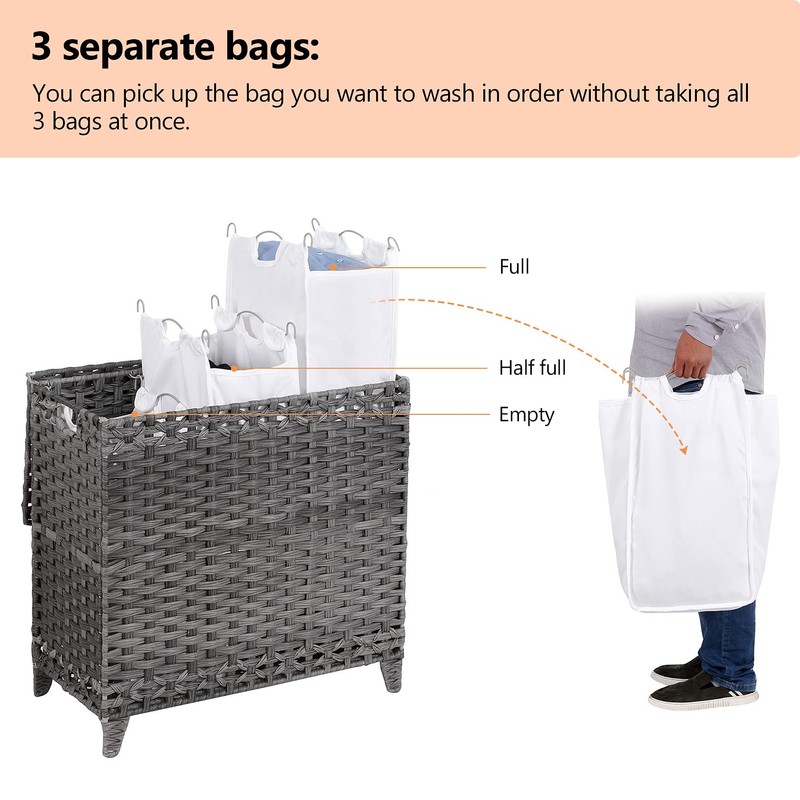 Laundry Hamper with 3 Removable Liner Bags; 132L Handwoven Rattan