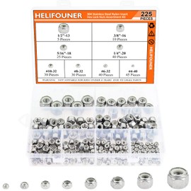HELIFOUNER 225 Pieces 8 Sizes Nylon Insert Hex Lock Nut Assortment Kit, 304 Stainless Steel (#4-40 to 1/2"-13)
