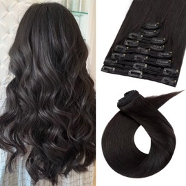 TESS Clip-In Real Hair Extensions, Black, 55 cm, Remy Hair, 8 Wefts Hair Extensions, Clip-In Straight, 160 g, Long Hair Extensions, Double Wefts (55 cm - #01B Natural Black)