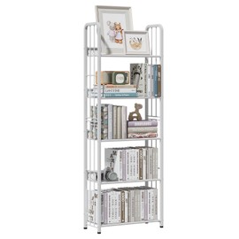 Azheruol White 5 Tiers Tall Bookshelf, Industrial Storage Shelf, Multifunctional Narrow Bookcase, Display Standing Shelf Units for Living Room, Bedroom, Kitchen