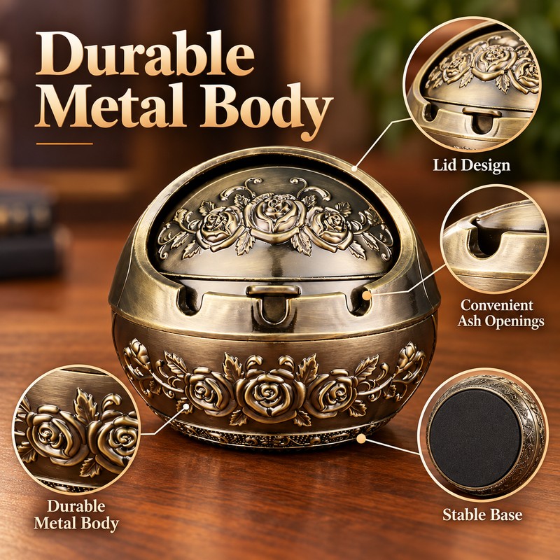 Retro Metal Ashtray with Lid – Decorative Covered Ashtray for