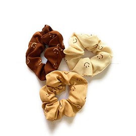SAZOBAN Fabric Printed Scrunchies Combo Set of Mix Colour Ponytail Holder Hair Tie Hairband Hair Accessory for Women and Girls (Coffee Smiley Set 3 Pcs)