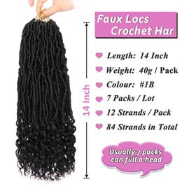 Samtress 14 Inch 7 Packs Faux Locs Crochet Hair With Curly Ends Natural Wavy Nu Goddess Locs Synthetic Braiding Hair Extensions Natural Black (#1B)