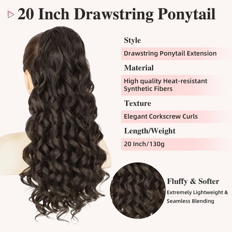BOGSEA 20 Inch Drawstring Ponytail Extensions for Women -Dark Brown